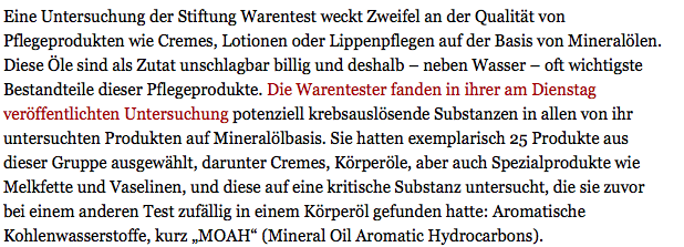L'institut de contrôle allemand Stiftung Warentest met en garde sur l'huile minérale dans les cosmétiques