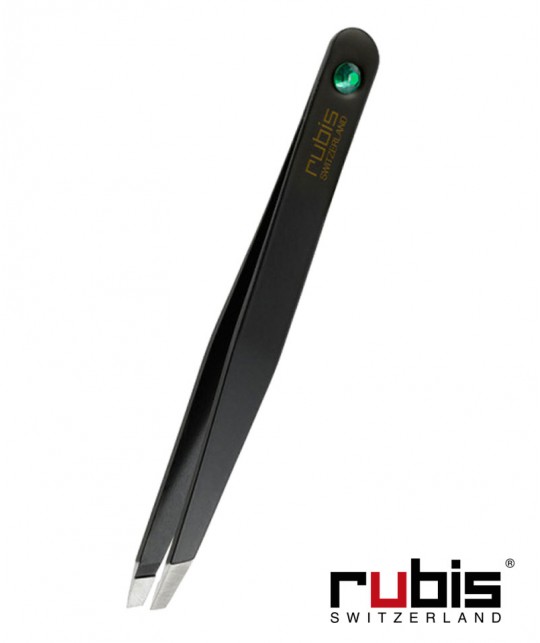 RUBIS Switzerland Tweezers Classic - Swarovski Black Emerald slanted tips Green beauty eyebrows cosmetics professional
