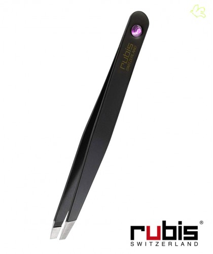 RUBIS Switzerland Tweezers Classic - Swarovski Black Amethyst slanted tips pink gem eyebrows beauty