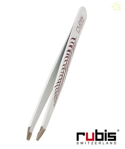 RUBIS Switzerland Pince à Épiler Classic - Blanc avec décor Plume mors biais sourcils beauté cosmétique
