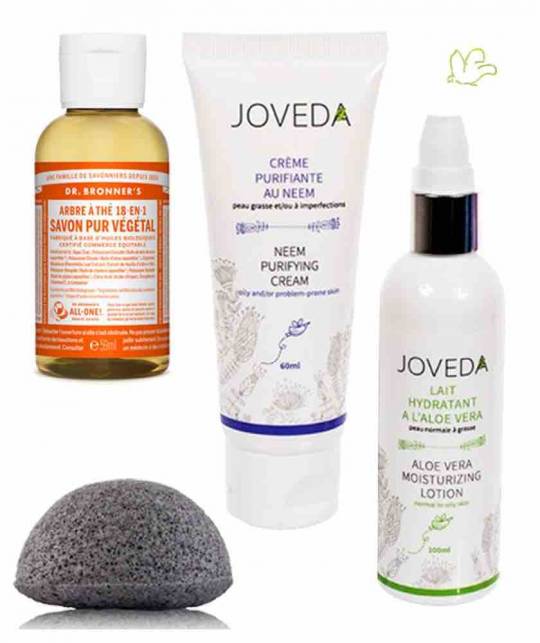 JOVEDA Stop Acné - soin visage végétal peaux impures (éponge Konjac, savon Tea tree, Aloe vera, Neem)