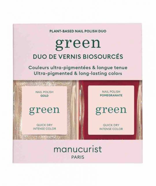 Manucurist Duo Set Nail Polish GREEN Gold & Pomegranate glitter ruby red gift Christmas