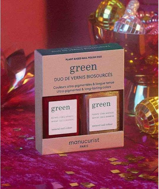 Manucurist Nagellack GREEN Duo Set Gold & Pomegranate Glitzer Rot Karmin Geschenkset Fest Weihnachten