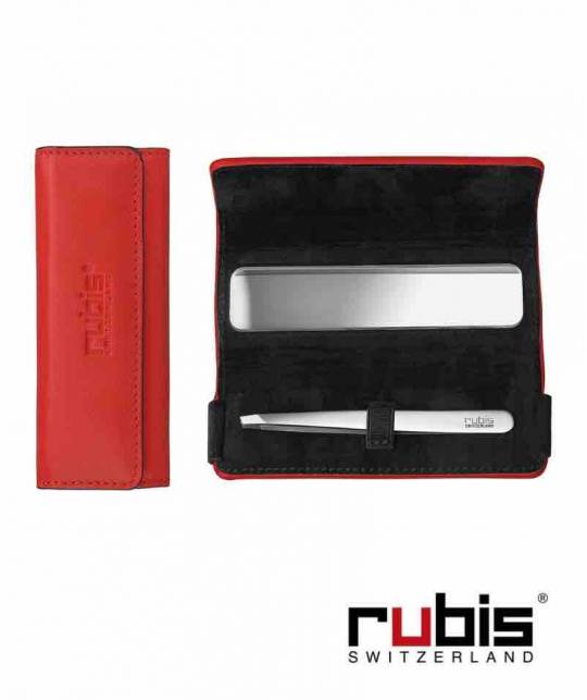 RUBIS Switzerland Tweezers Classic Slanted tips Shiny Steel Red Leather case with mirror