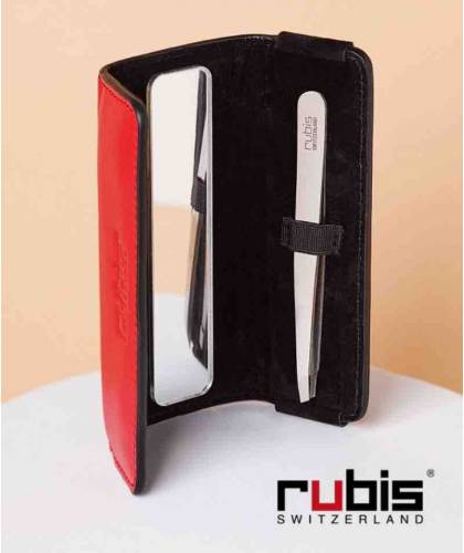 RUBIS Switzerland Tweezers Classic Shiny Steel red Leather Case Mirror Slanted tips