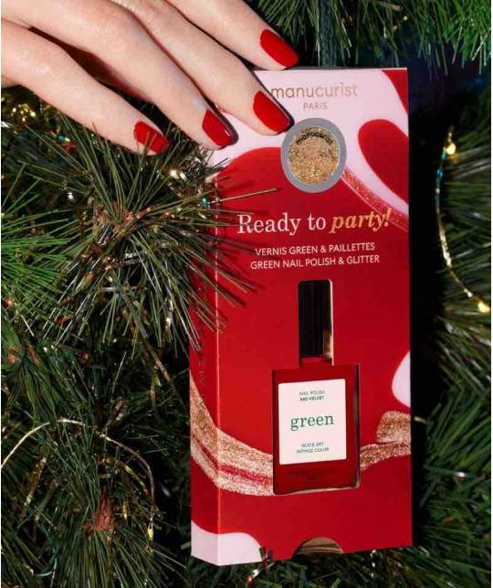 Manucurist Green Nail Polish Red Velvet Gold Glitter Ready to party Duo Christmas