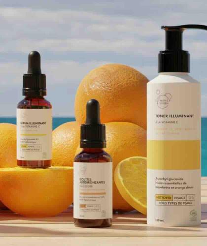 Gesichtspflege Routine im Sommer vitamin C Selbstbräunungstropfen Clémence & Vivien Naturkosmetik