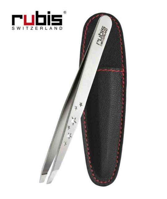 Rubis Classic Schrägpinzette Six Stars mit Lederetui, Präzision Schweizer Handwerk