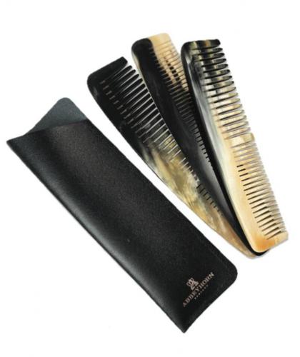 Abbeyhorn double-tooth horn comb 15 cm with black leather case embossed silver – English craftsmanship - l'Officina Paris