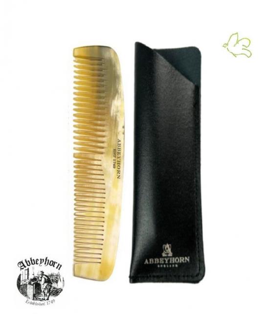 Abbeyhorn 15 cm horn comb with double tooth and black leather case – handmade in England - l'Officina Paris