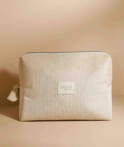 Trousse de toilette en velours côtelé beige sable – BACHCA Paris, accessoire beauté haut de gamme L’Officina Paris