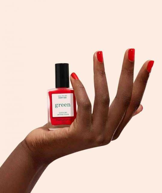 Poppy Red GREEN™ Manucurist nail polish bottle, intense poppy red shade, glossy finish