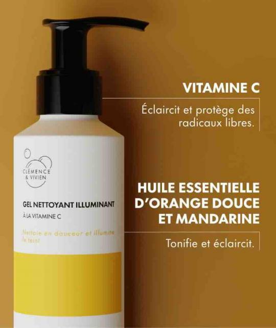 Gel nettoyant vitamine C Clémence & Vivien huiles essentielles orange douce mandarine citron éclat du teint naturel