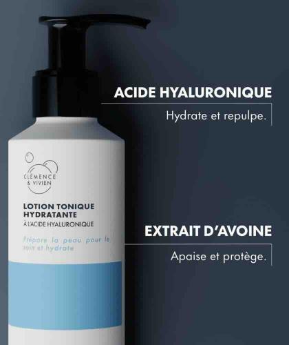 Close-up of active ingredients in Clémence & Vivien Hydrating Toner – hyaluronic acid and oat extract, Made in France