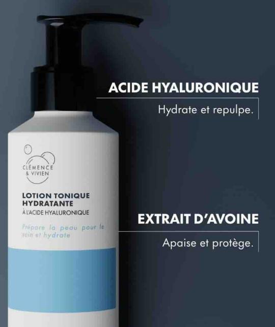 Close-up of active ingredients in Clémence & Vivien Hydrating Toner – hyaluronic acid and oat extract, Made in France