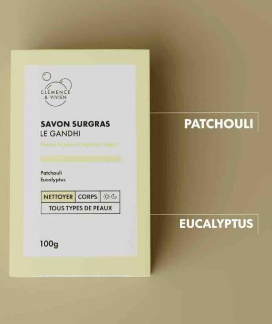 Handgefertigte Naturkosmetik Seife Le Gandhi Clémence & Vivien mit Aktivkohle Tonerde Patchouli und Eukalyptus
