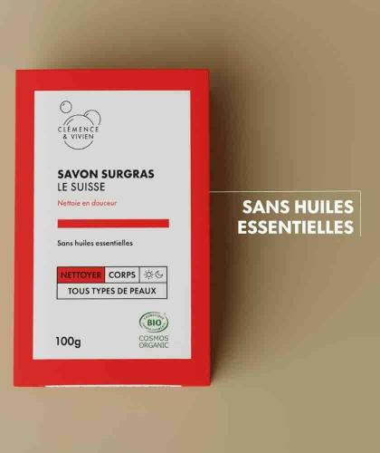 Savon bio Le Suisse Clémence & Vivien sans huiles essentielles, huile de ricin beurre de karité glycérine naturelle