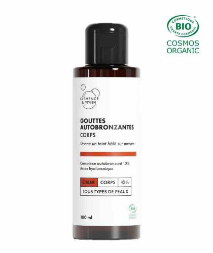 Gouttes autobronzantes corps Clémence & Vivien bio flacon sur fond blanc soin naturel made in France