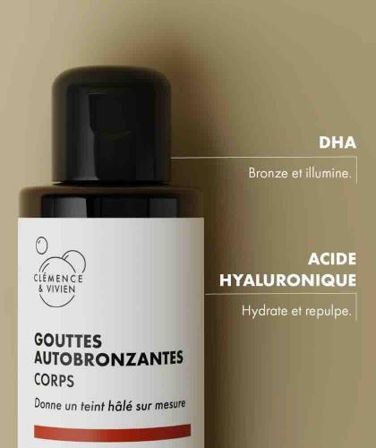 Gouttes autobronzantes corps Clémence & Vivien DHA acide hyaluronique formule naturelle bio made in France