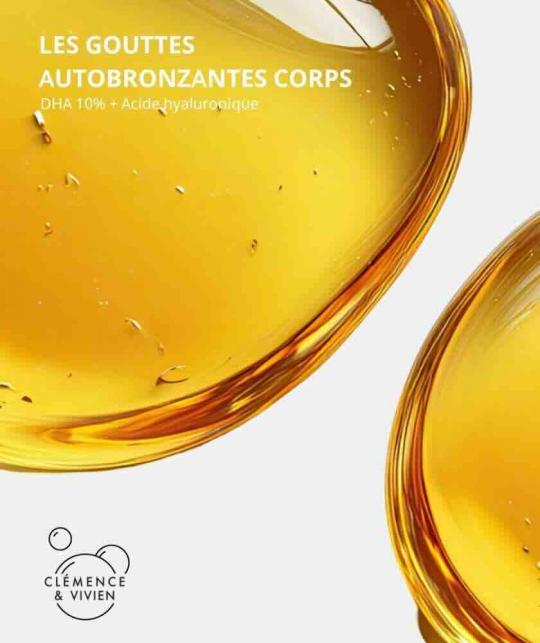 Texture légère non collante gouttes autobronzantes corps Clémence & Vivien hâle progressif naturel parfum monoï bio