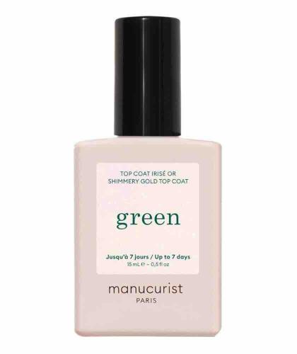 Top Coat Irisé Or GREEN™ Manucurist, flacon opaque vernis transparent aux reflets dorés scintillants, packshot, made in France