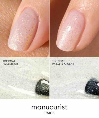 Top Coat Irisé Or et Argent GREEN™ Manucurist, comparaison des deux finitions scintillantes sur manucure