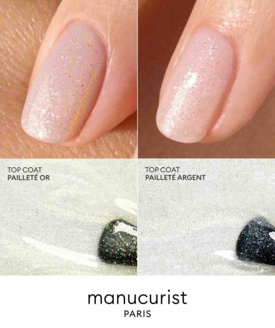 Top Coat Irisé Or et Argent GREEN™ Manucurist, comparaison des deux finitions scintillantes sur manucure