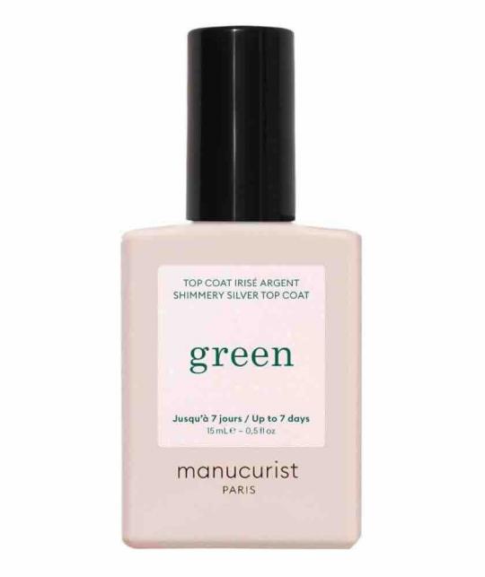 GREEN™ Manucurist Silber Shimmer Top Coat Flakon, silberner Überlack Nagellack Packshot, made in France