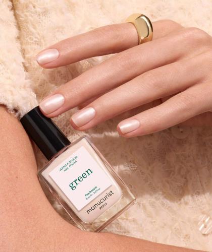 Pearlescent GREEN™ Manucurist nail polish, pearlescent beige with pink undertones, with bottle