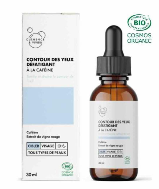 Contour des Yeux Défatigant bio Clémence & Vivien, sérum contour des yeux à la caféine, flacon 30 ml avec sa boîte