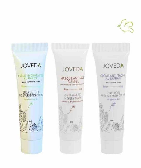 JOVEDA Mini Facial Kit for mature skin – Shea Butter Moisturising Cream, Honey Mask and Saffron Anti-Blemish Cream, 3 x 9 ml