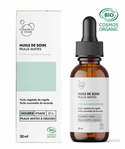 Huile de Soin Peaux Mixtes bio Clémence & Vivien, soin visage vegan fabriqué en France, flacon en verre avec pipette et étui