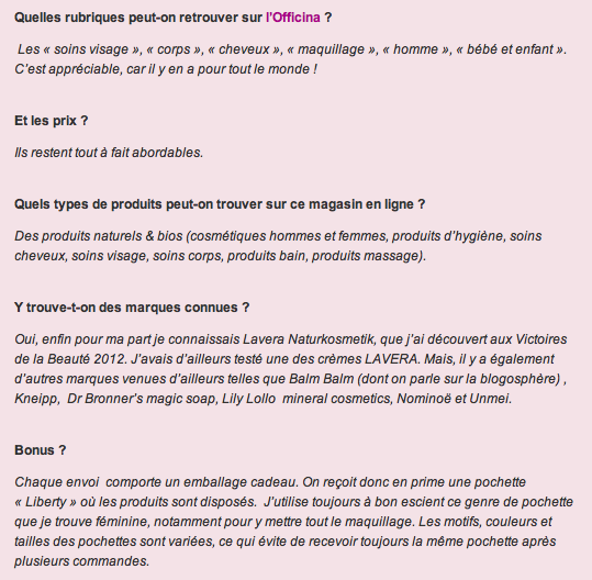 Dress-ing: Quelles rubriques peut-on retrouver sur l’Officina ?  Les « soins visage », « corps », « cheveux », « maquillage », « homme », « bébé et enfant ». C’est appréciable, car il y en a pour tout le monde !