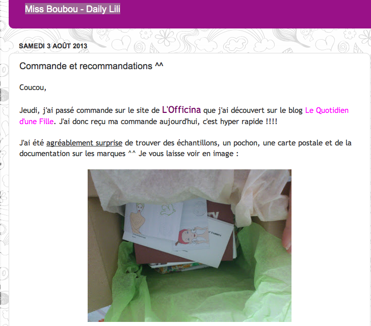 Une revue de "Miss Boubou" sur sa commande chez l'Officina 