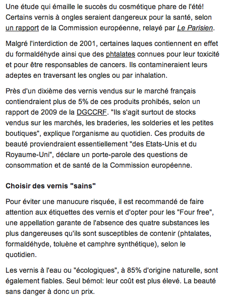 Certains vernis à ongles seraient cancérigènes (article par l'Express)