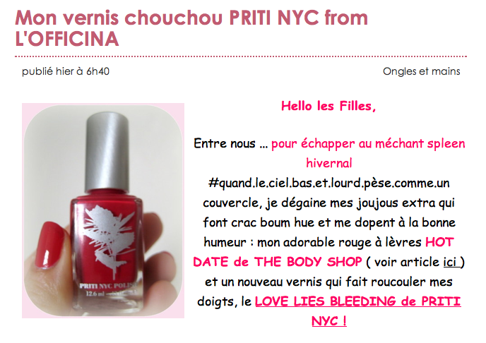 un nouveau vernis qui fait roucouler mes doigts, le LOVE LIES BLEEDING de PRITI NYC 