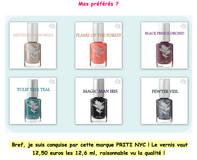 Mes vernis préférés: Mediterranean Bells, Flame of the Forest, Black Prince Orchid, Tulip Tree Teal, Magic Man Iris, Pewter Veil