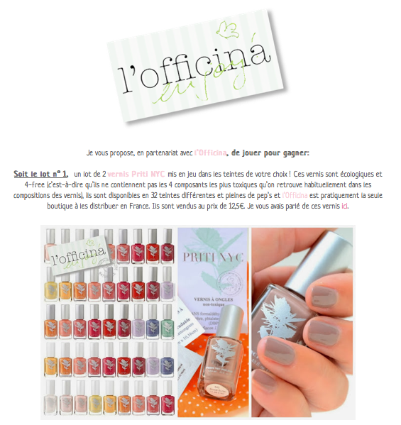 Boudoir mon beau Boudoir - un lot de 2 vernis Priti NYC mis en jeu dans les teintes de votre choix ! Ces vernis sont écologiques et 4-free (c’est-à-dire qu’ils ne contiennent pas les 4 composants les plus toxiques qu’on retrouve habituellement dans les compositions des vernis), ils sont disponibles en 32 teintes dif