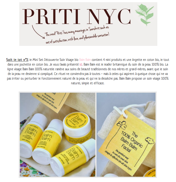 Boudoir mon beau Boudoir - le Mini Set Découverte Soin Visage bio Balm Balm contient 4 mini produits et une lingette en coton bio, le tout dans une pochette en coton bio. Je vous l'avais présenté ici. Balm Balm est le leader britannique du soin de la peau 100% bio. La ligne visage Balm Balm 100% naturelle ramène 