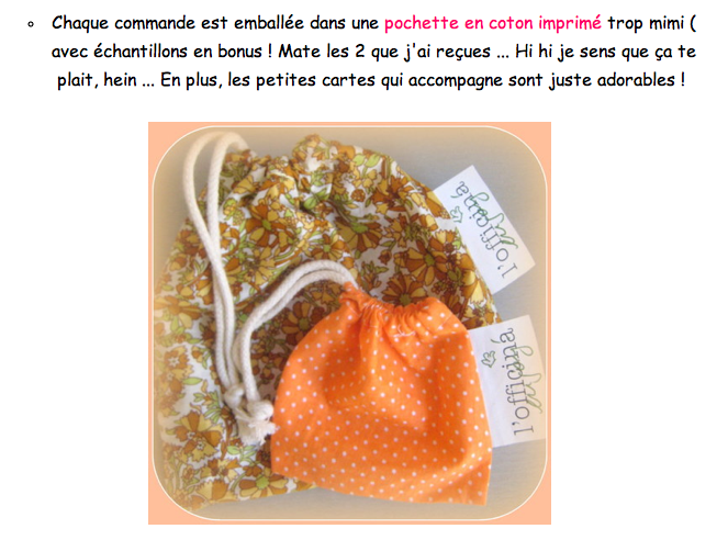 L'e-shop L'OFFICINA - Chaque commande est emballée dans une pochette en coton imprimé trop mimi ( avec échantillons en bonus ! ) ... par le Blog Beauté by Kirzy