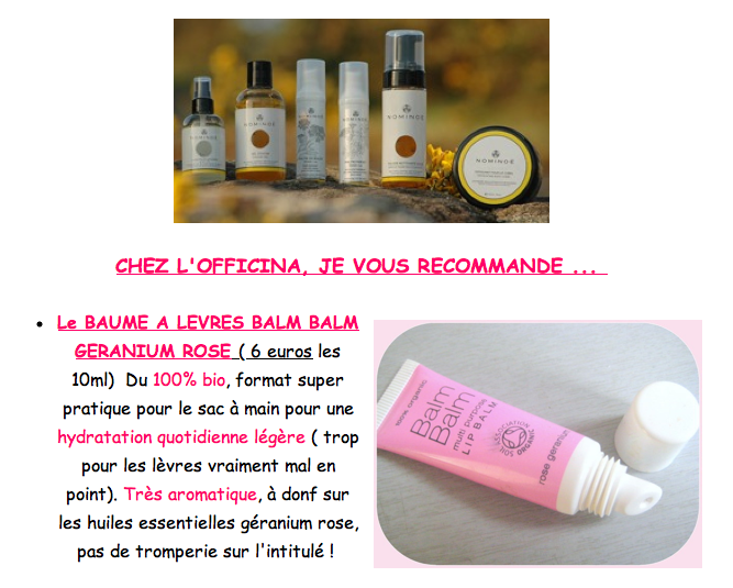 L'e-shop L'OFFICINA, que du beau, du bio et du bon ! CHEZ L'OFFICINA, JE VOUS RECOMMANDE ... Le BAUME A LEVRES BALM BALM GERANIUM ROSE... par le Blog Beauté by Kirzy
