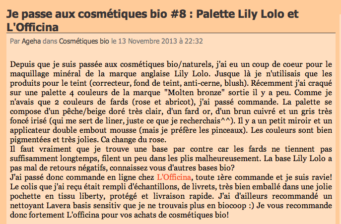 Le blog d'Ageha passe en revue sa commande chez L'Officina Paris - Palette Fards à Paupières Molten Bronze Lily Lolo