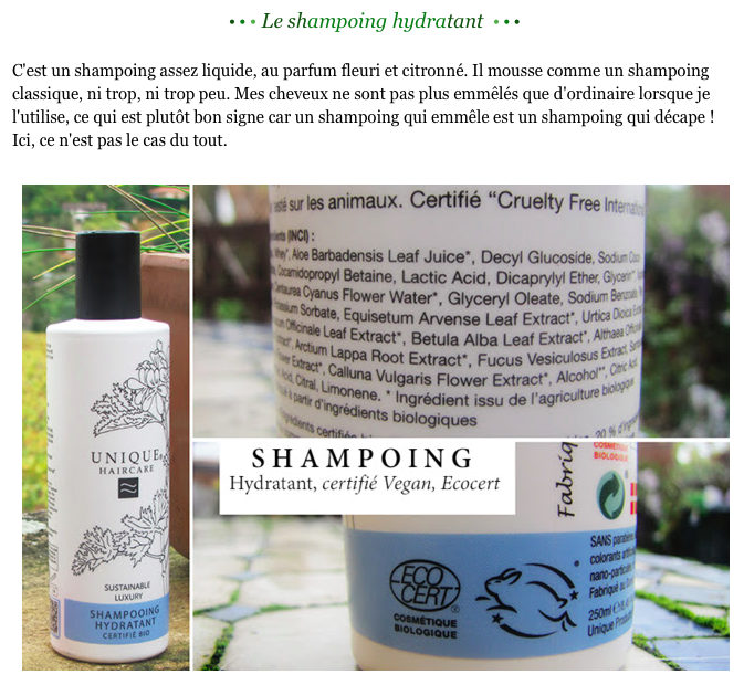 Revue Soins Capillaires bio UNIQUE Haircare par "Les Cheveux de Mini" - Le Shampooing Hydratant bio 