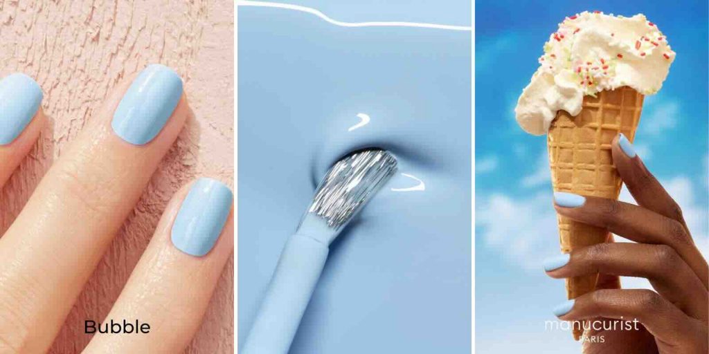Manucure avec vernis Bubble Manucurist bleu ciel lumineux pour ongles printaniers