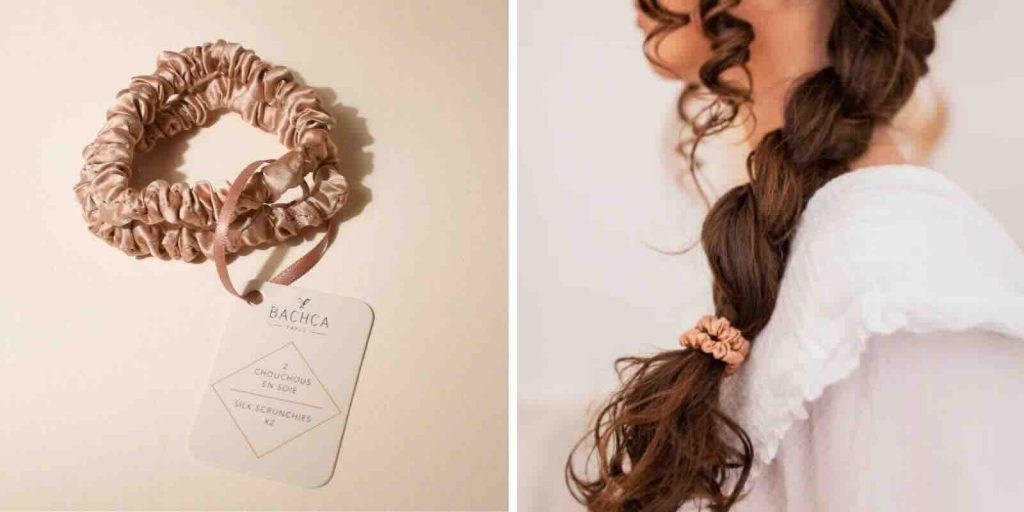 Comment prendre soin de ses cheveux naturellement en été - Chouchous cheveux en Soie rose BACHCA coiffure été boutique en ligne l'Officina Paris