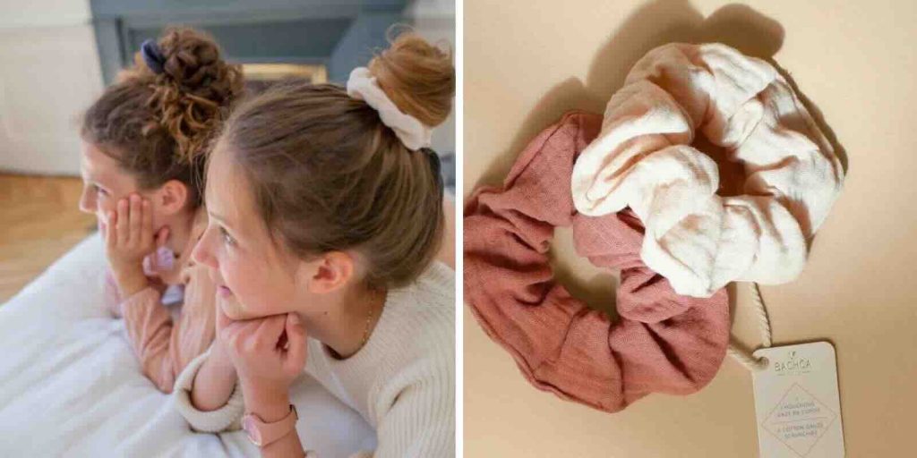 Comment prendre soin de ses cheveux naturellement en été - Chouchous cheveux en Gaze de coton rose BACHCA coiffure été boutique en ligne l'Officina Paris