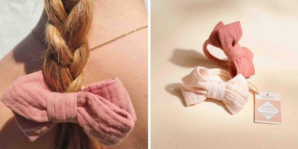 Comment prendre soin de ses cheveux naturellement en été - Elastiques cheveux en Gaze de coton rose avec noeud BACHCA coiffure été boutique en ligne l'Officina Paris