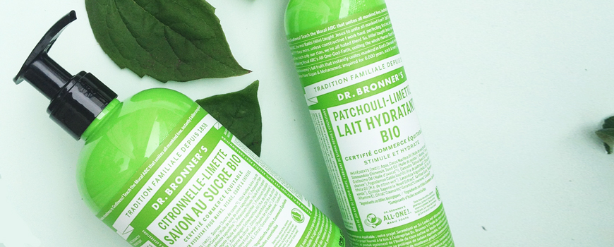 Dr. Bronner's savon bio végétal culte cosmétique naturel green vegan équitable authentique beauté peau sensible allergique certifié cruelty free USA savon végétal plantes gel douche sucre hydratant patchouli