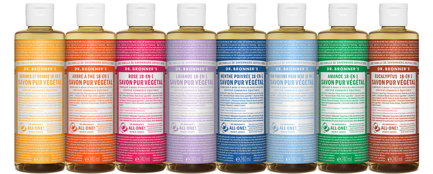 Dr Bronner's savon bio végétal naturel liquide utilisations 18 en 1 cosmétique beauté green certifié vegan équitable recyclé multi usages peau sensible écologique gel douche