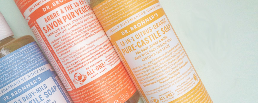 Dr Bronner's savon bio végétal naturel liquide utilisations 18 en 1 cosmétique bio beauté green certifications vegan fairtrade équitable recyclé écologique multi usages peau sensible